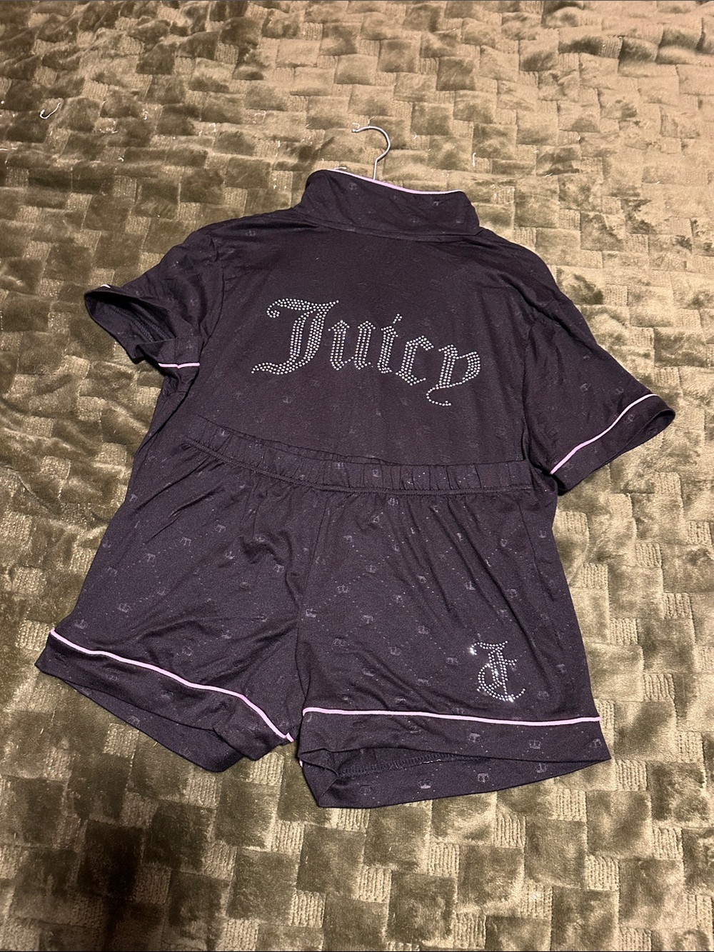 Juicy Couture Black Short Pajama Set with Pink Piping and Rhinestone Logo